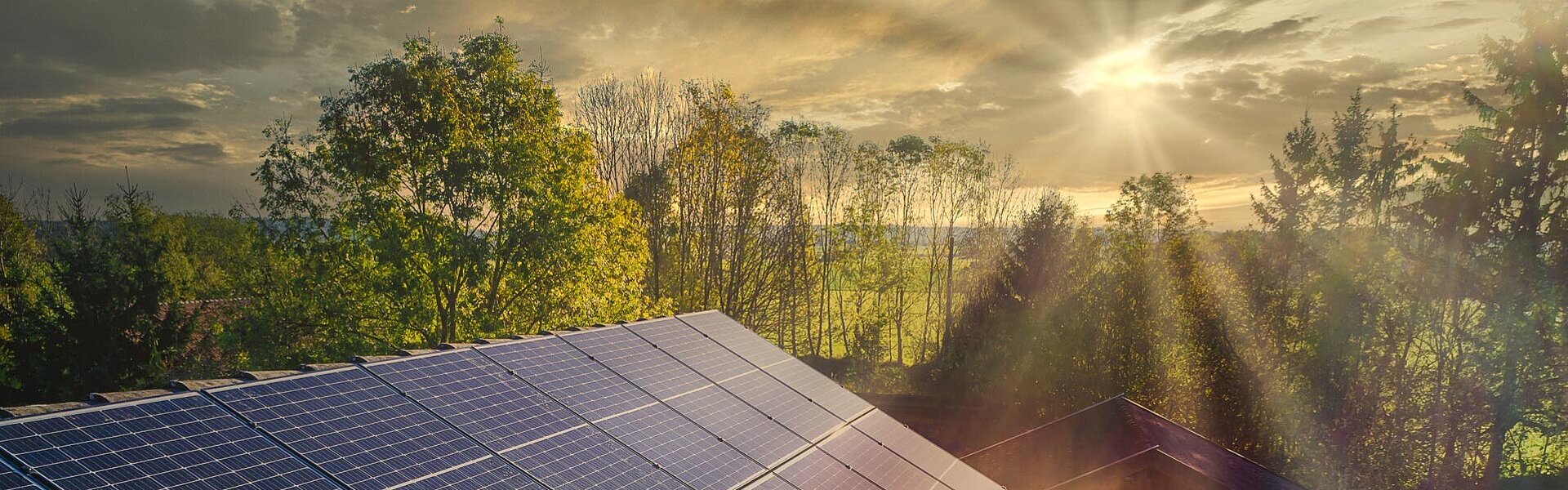 Die Strahlen der tiefstehenden Sonne treffen auf ein Photovoltaikmodule eines Schrägdachs